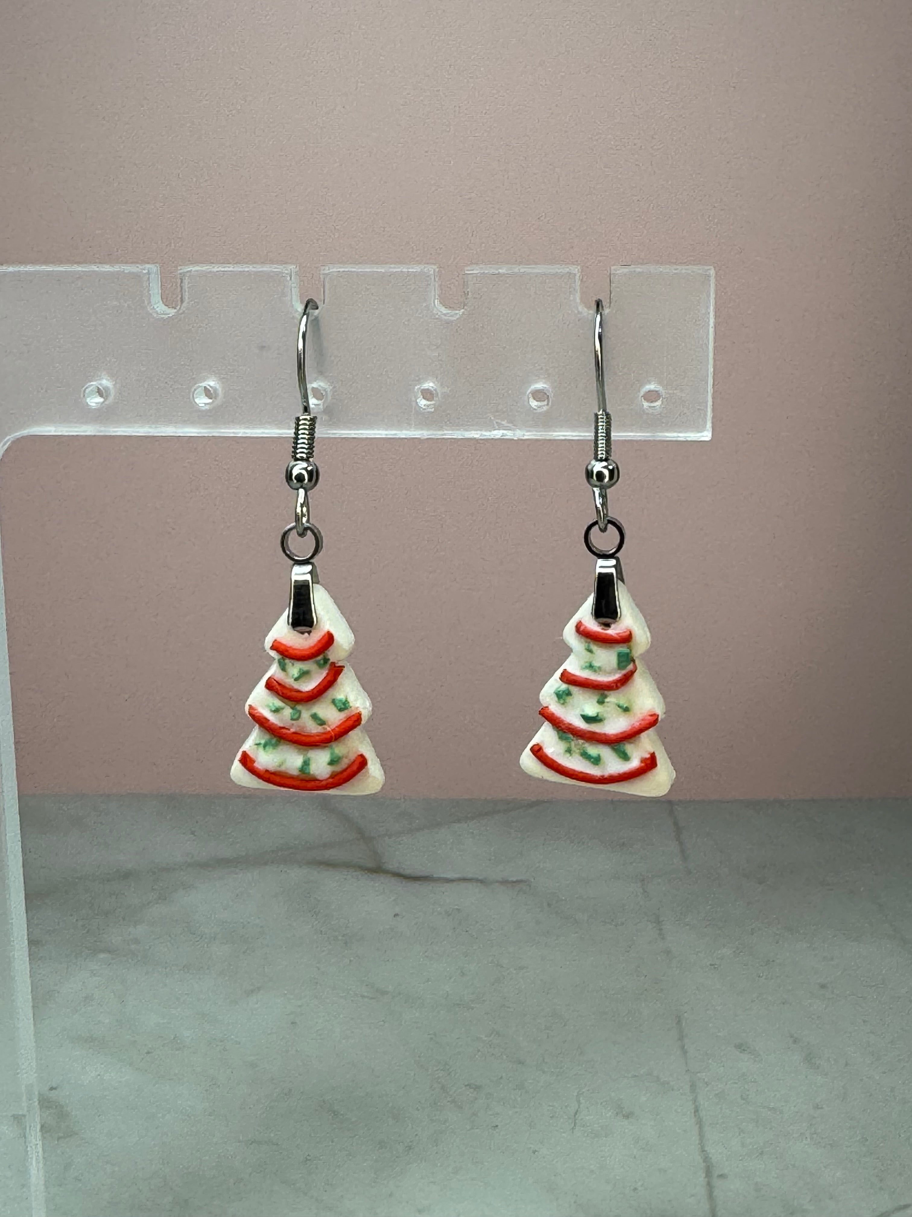 Christmas Tree Snack Cake Earrings in Silver- Birthday Cake Scent