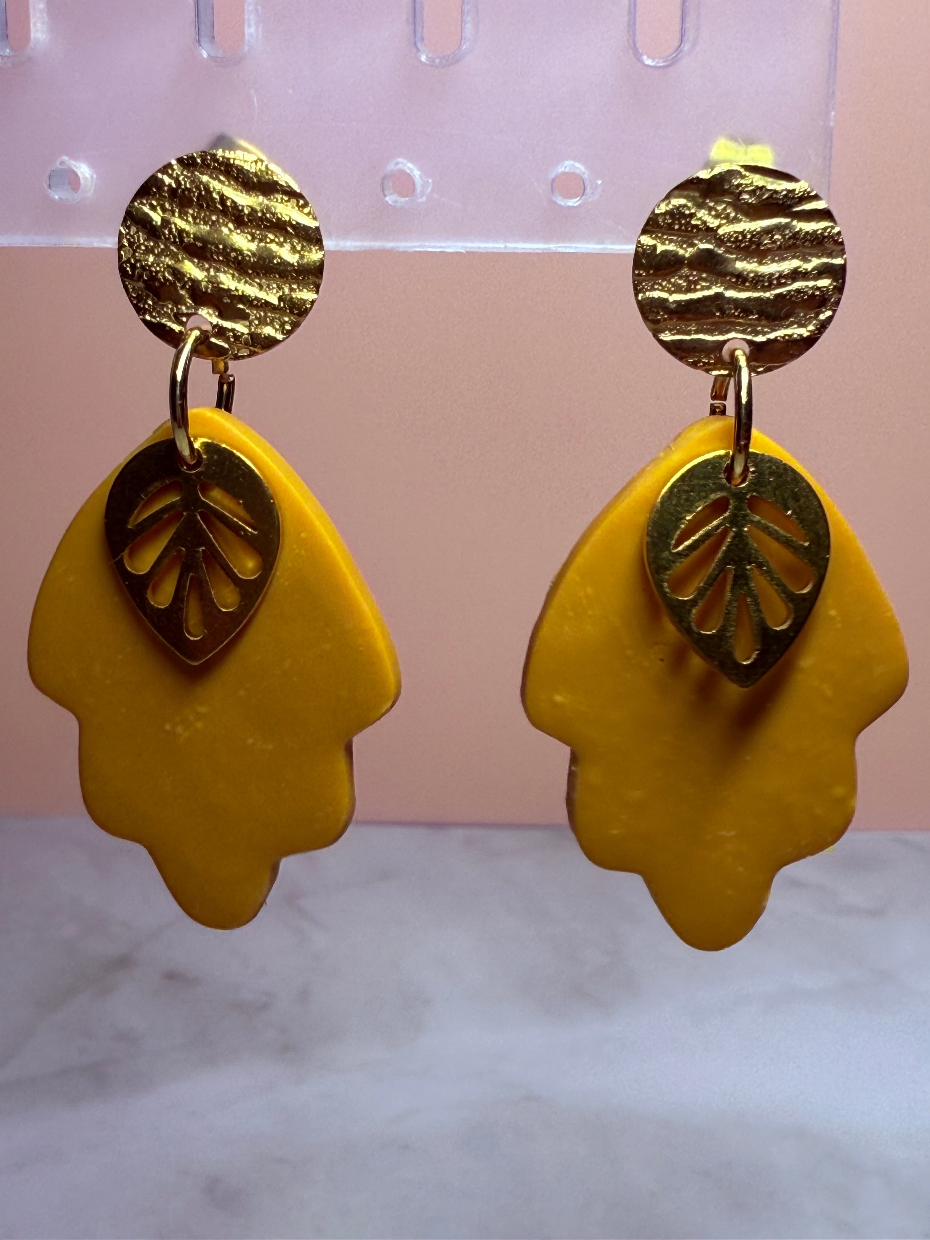 Fall Leaf Earrings-Mustard with Gold Stud