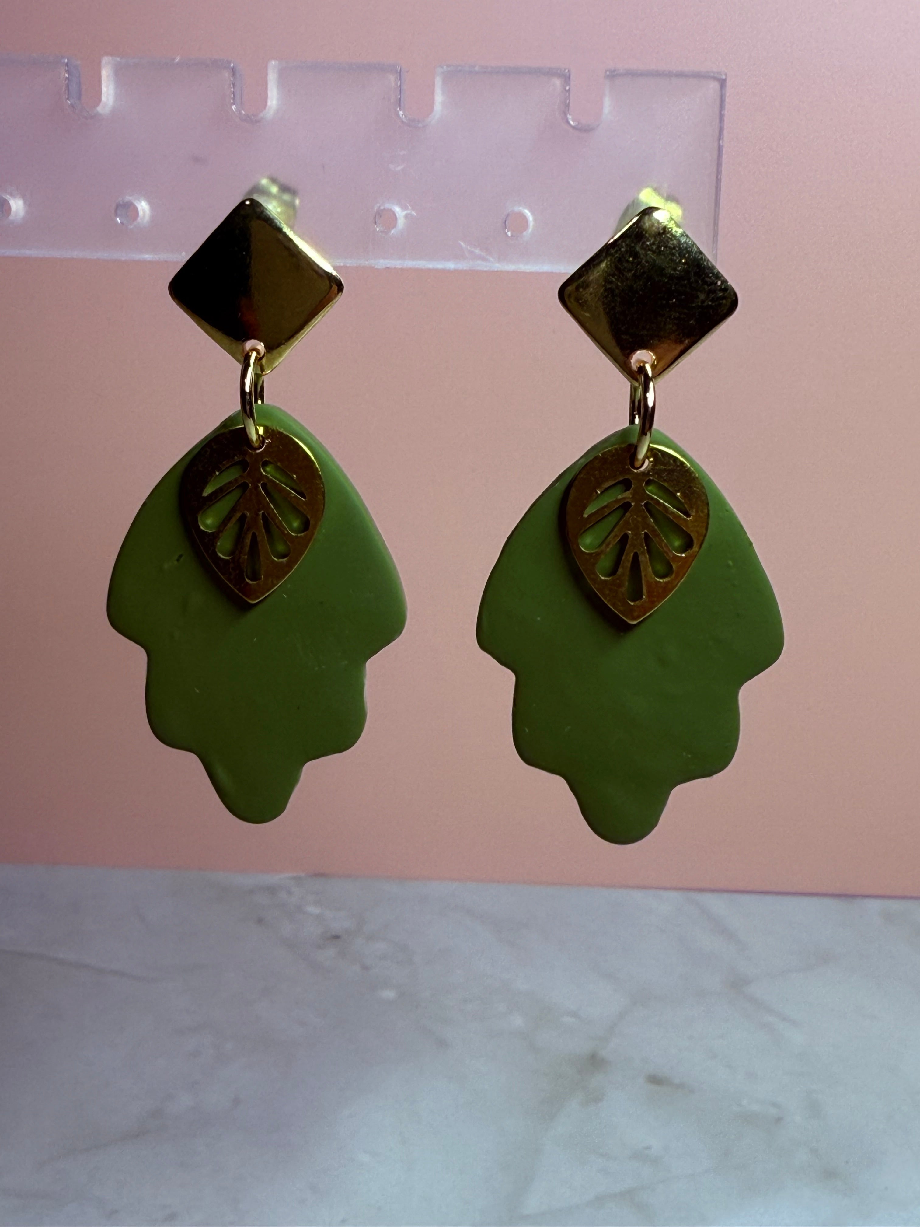 Fall Leaf Earrings- Olive with Gold Stud