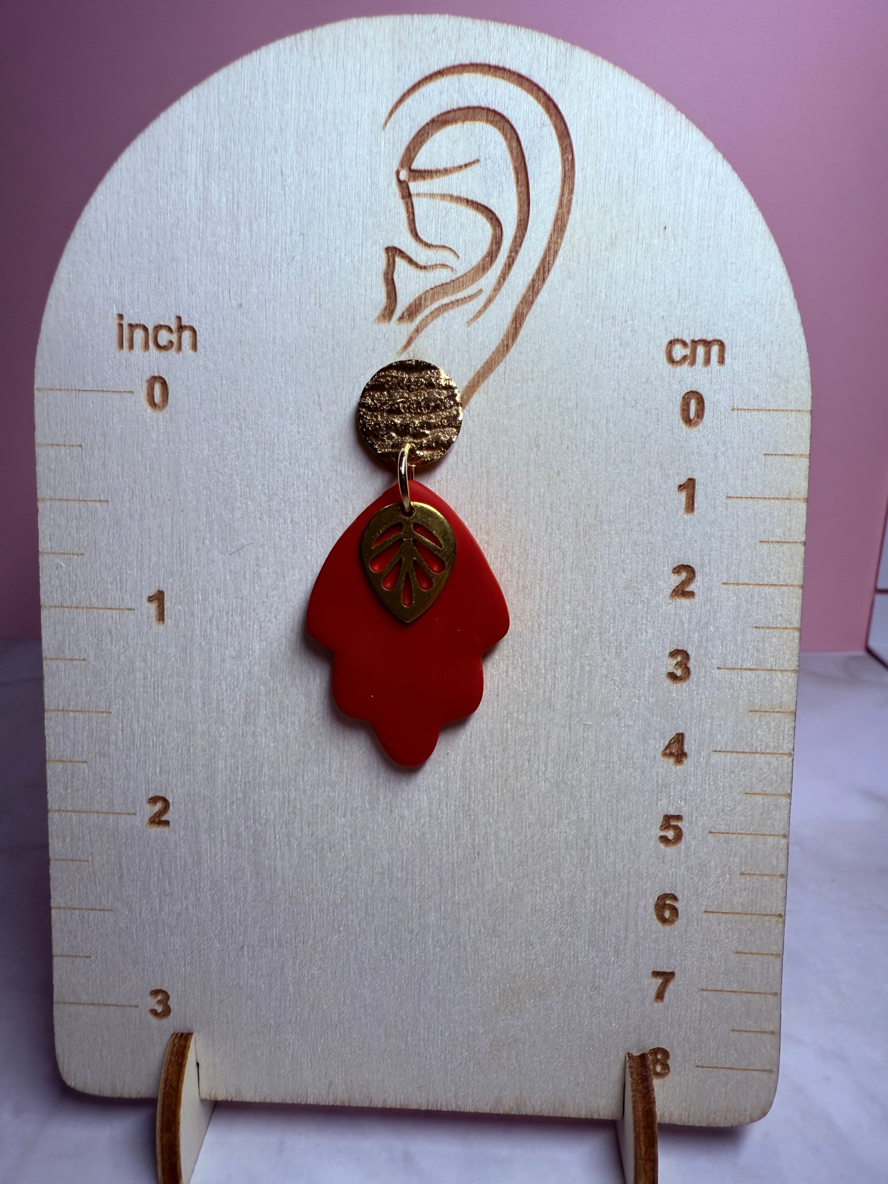 Fall Leaf Earrings- Red with Gold Stud