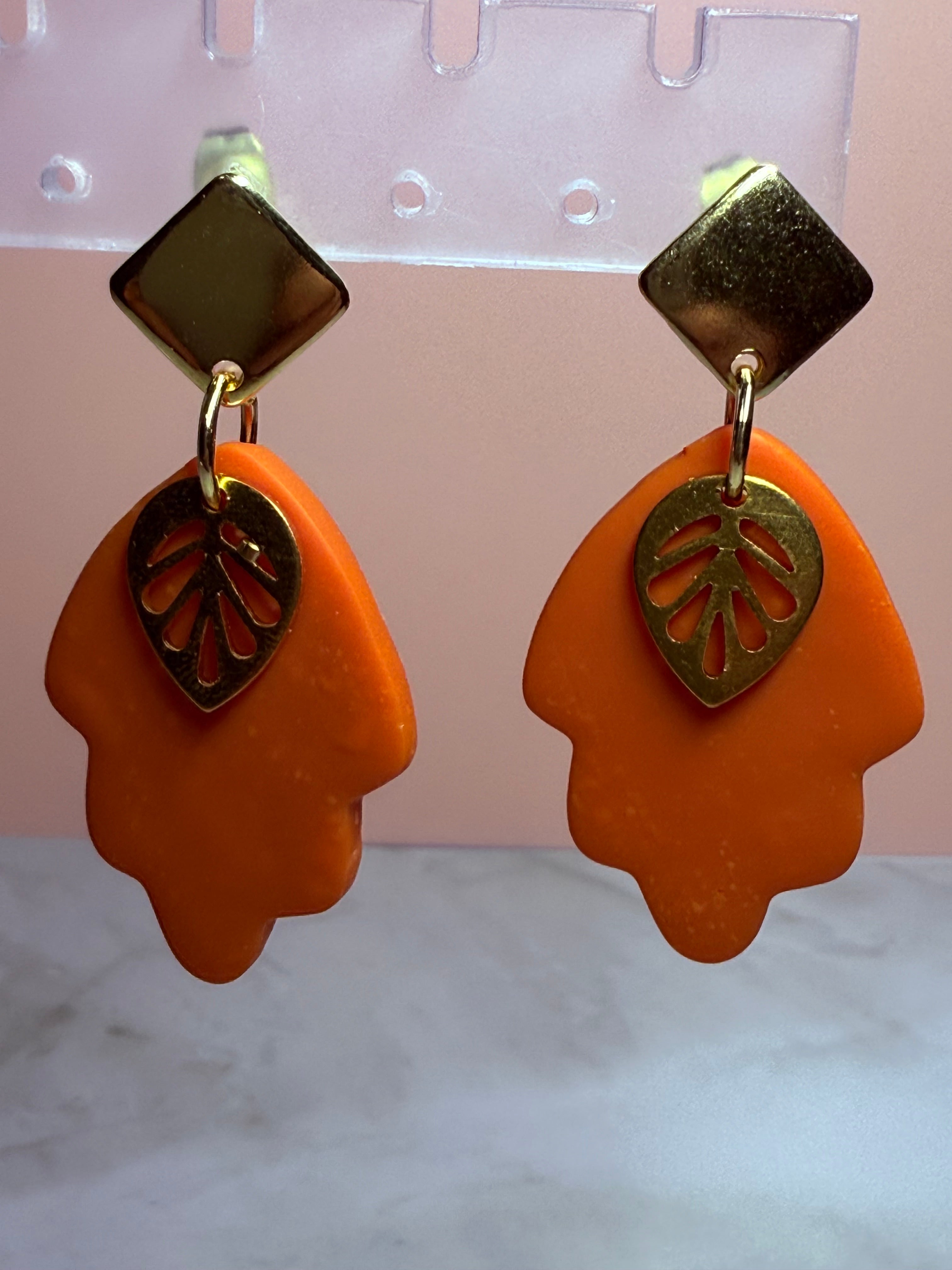 Fall Leaf Earrings- Burnt Orange with Gold Stud