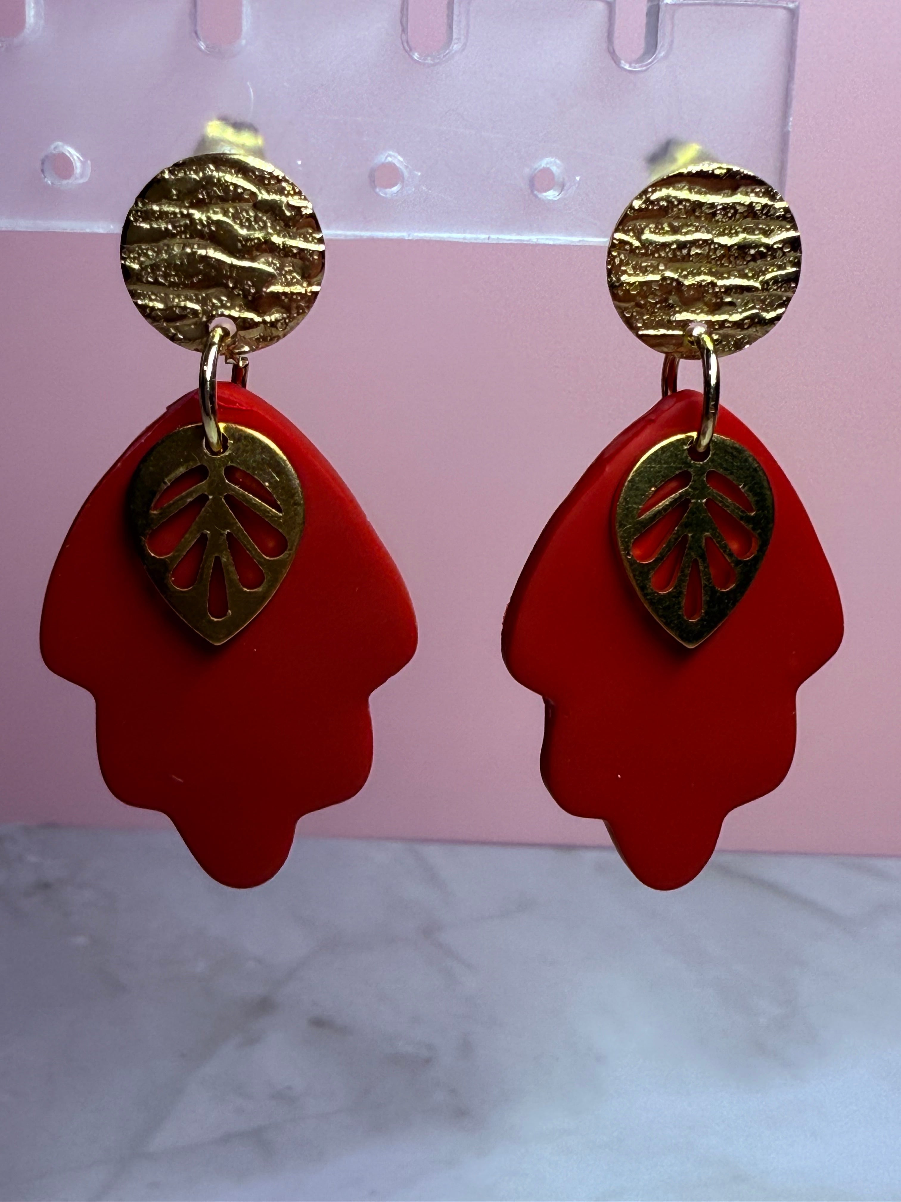 Fall Leaf Earrings- Red with Gold Stud