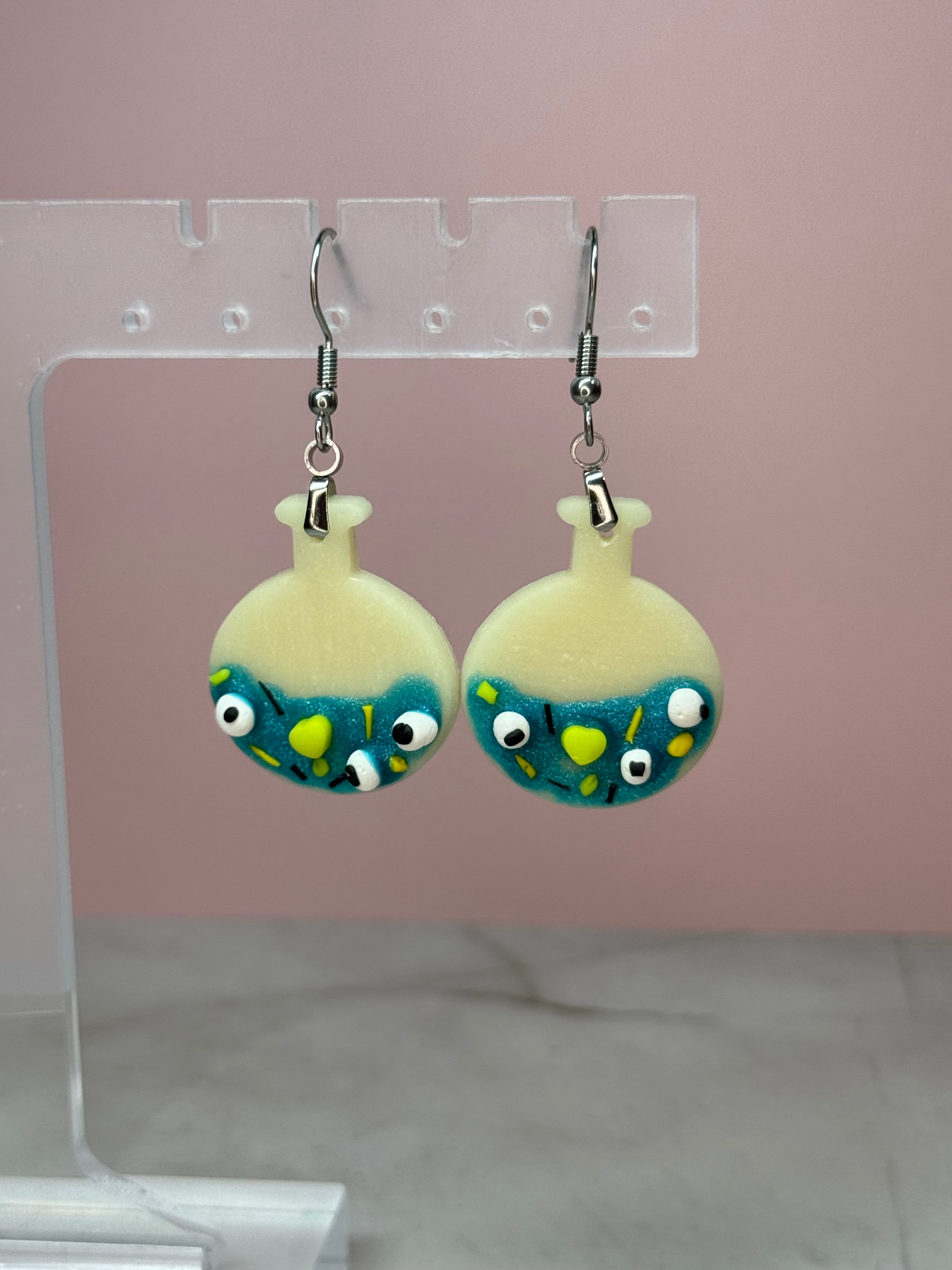 Glow-in-the-Dark Turquoise Potion Bottle Earrings in Silver