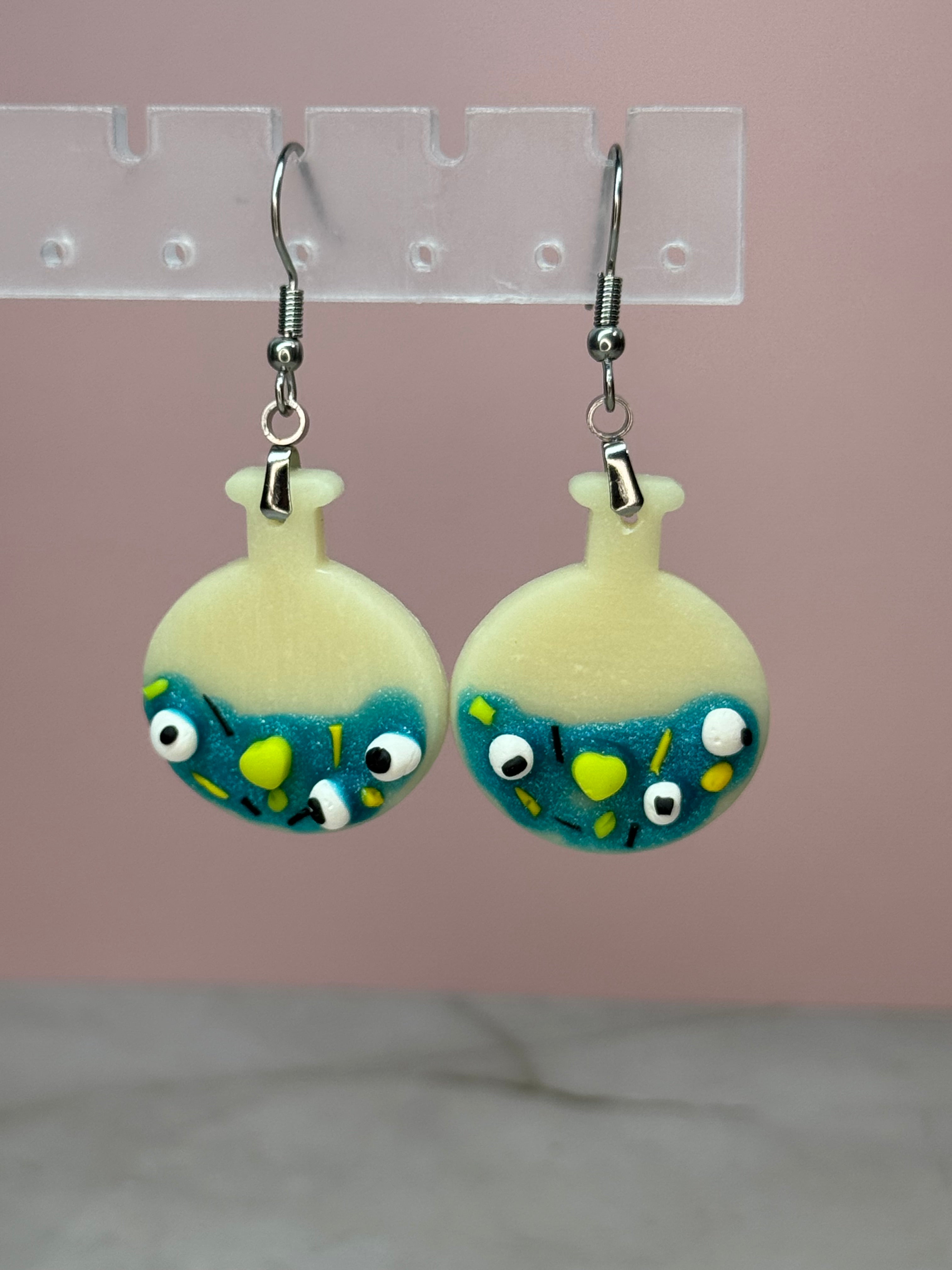 Glow-in-the-Dark Turquoise Potion Bottle Earrings in Silver