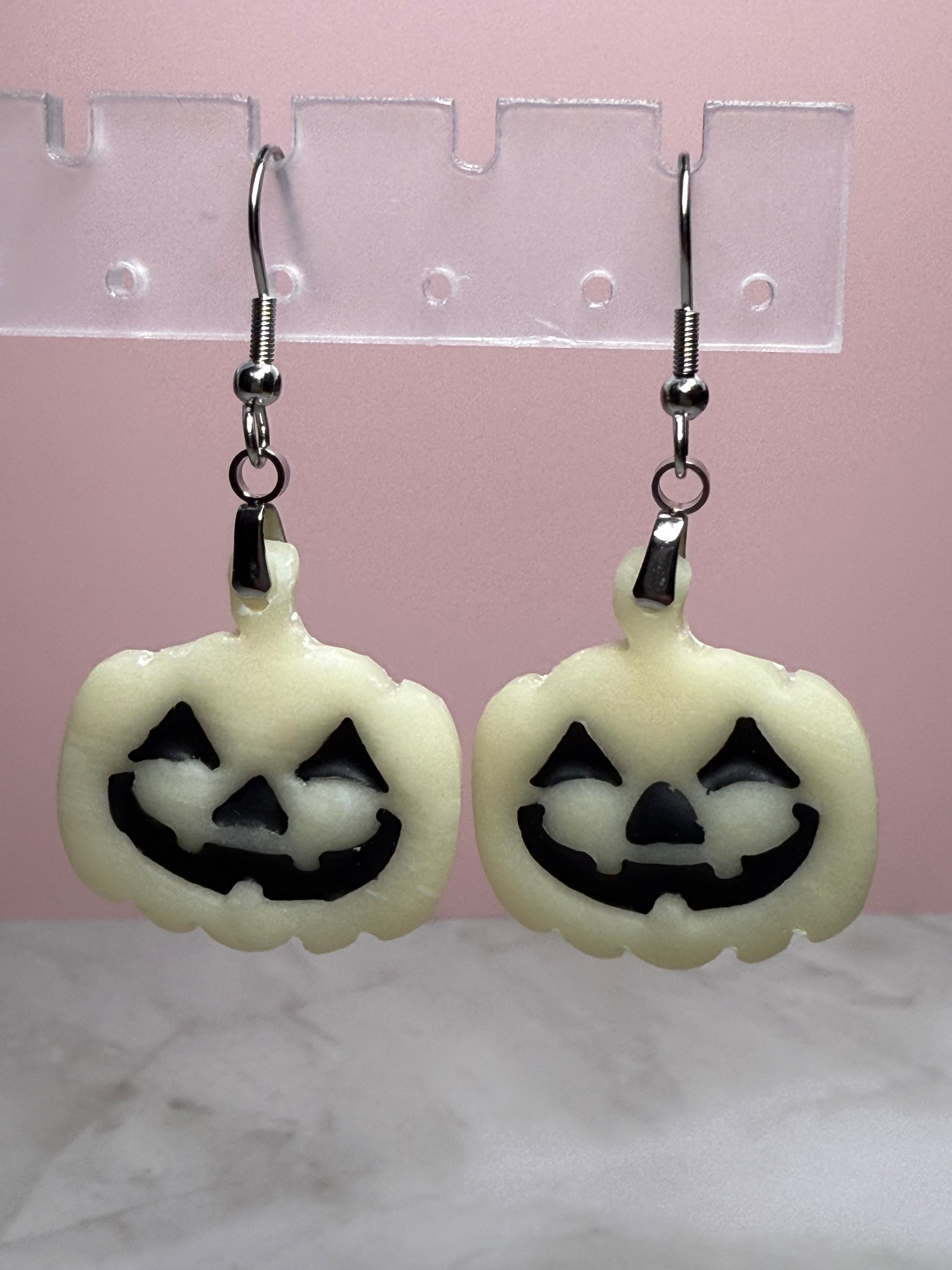 Glow-in-the-Dark Jack-O-Lantern Earrings in Silver